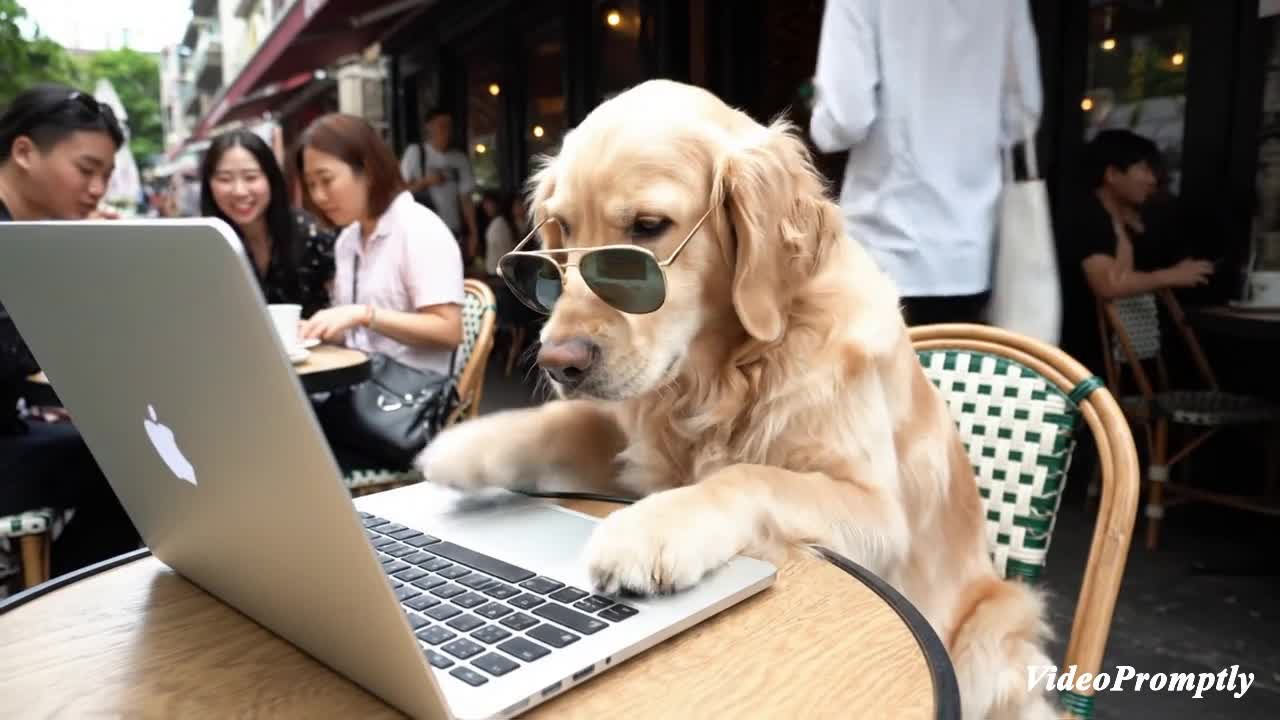 Golden Retriever Laptop Cafe